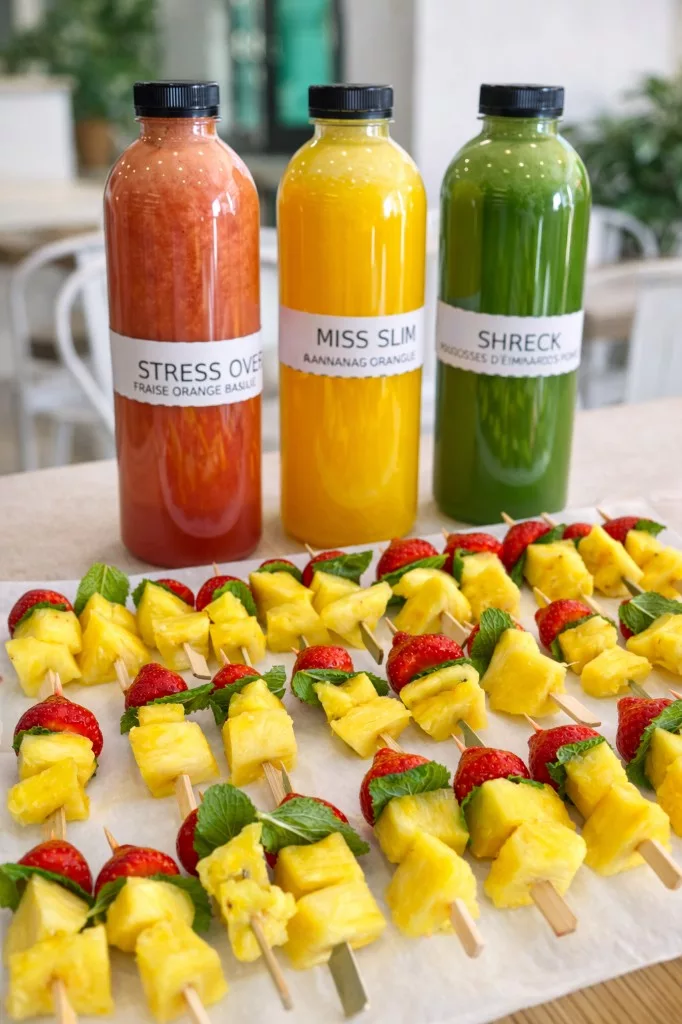 Bouteilles de jus S&J pour un buffet traiteur